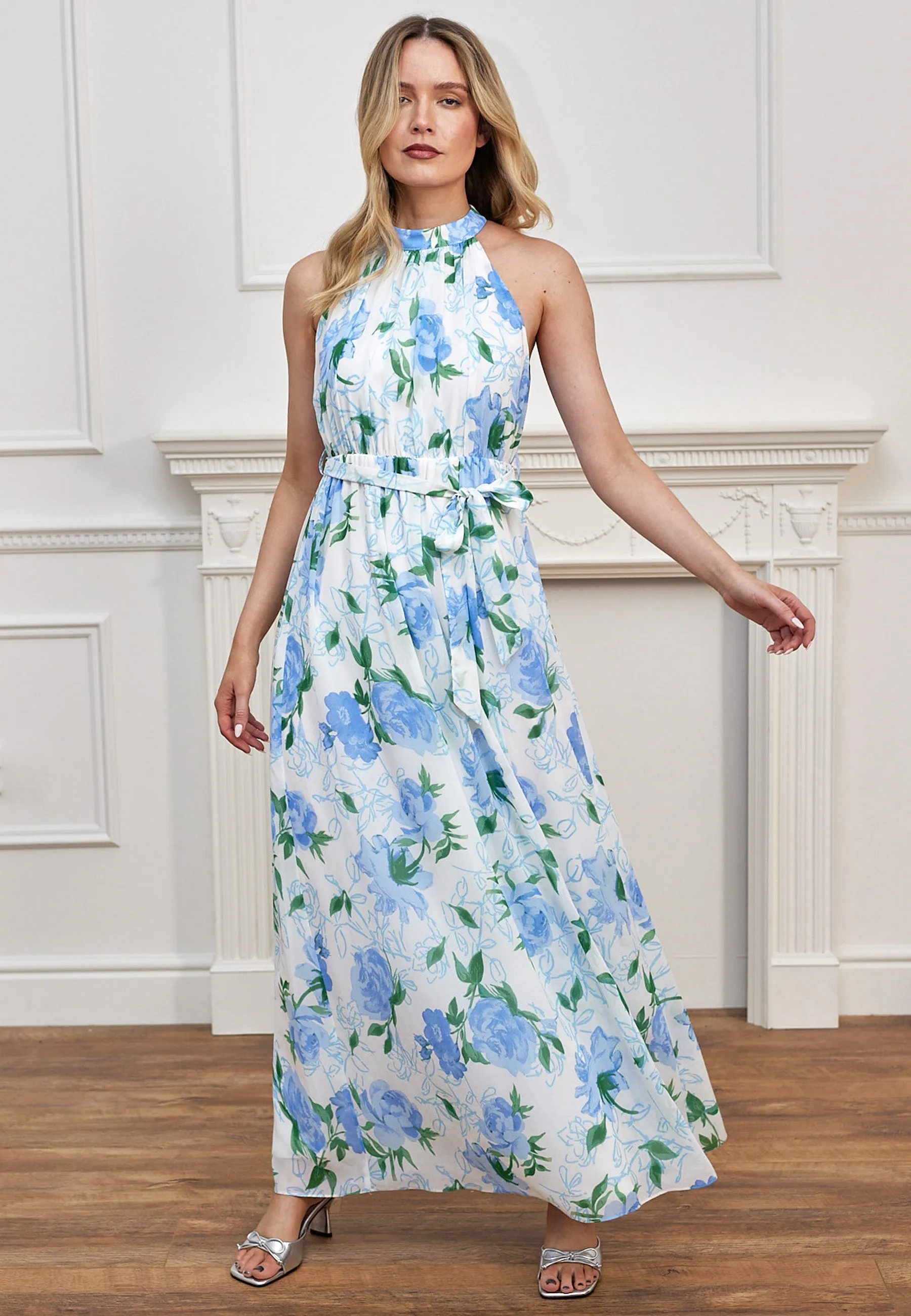 Chiffon Halter Neck Maxi Dress With Tie Waist In White Blue Floral by Angeleye sold by Goddiva product image thumbnail 4