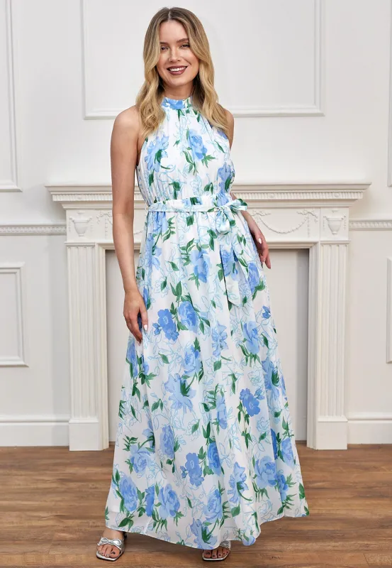 Chiffon Halter Neck Maxi Dress With Tie Waist In White Blue Floral by Angeleye sold by Goddiva