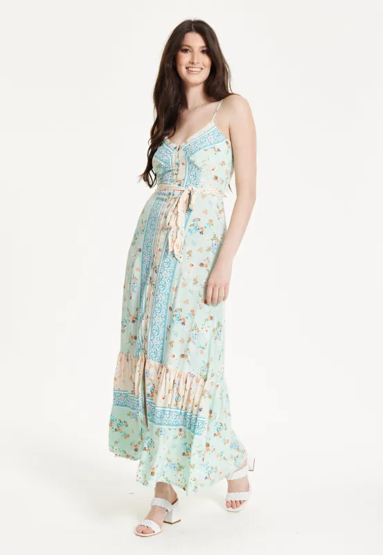 Mint Boho Floral Tie Front Maxi Dress by Liquorish sold by Goddiva