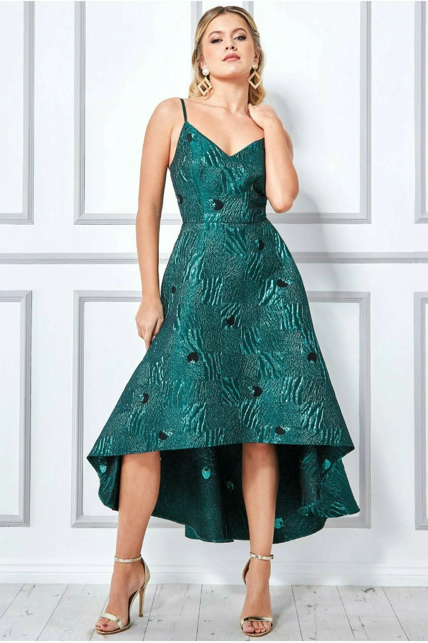 Goddiva Jacquard High Low Midi Dress - Emerald Green sold by Goddiva product image thumbnail 4
