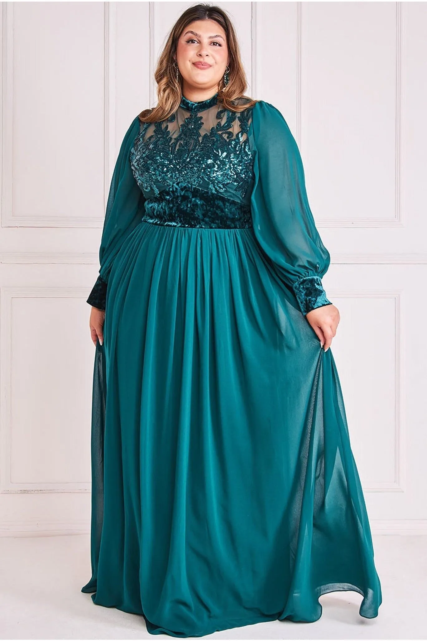Goddiva Plus Velvet Band Sequin Bodice Maxi - Emerald sold by Goddiva