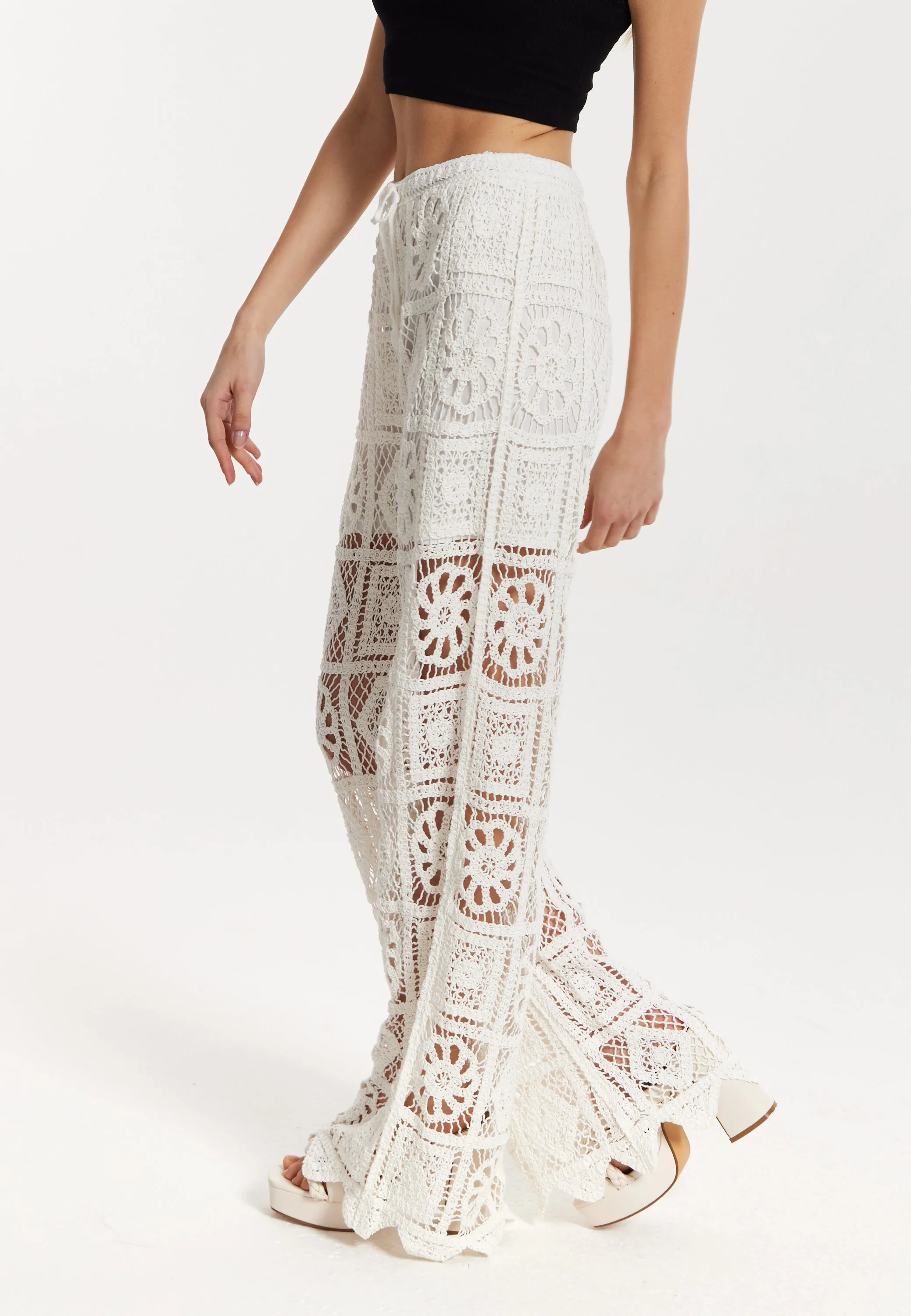 White Crochet Wide Leg Trousers by Liquorish sold by Goddiva product image thumbnail 3