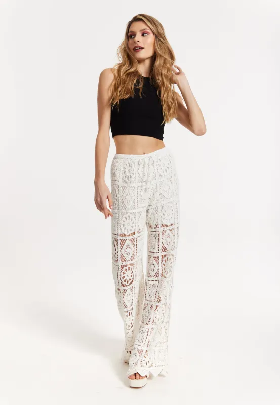 White Crochet Wide Leg Trousers by Liquorish sold by Goddiva