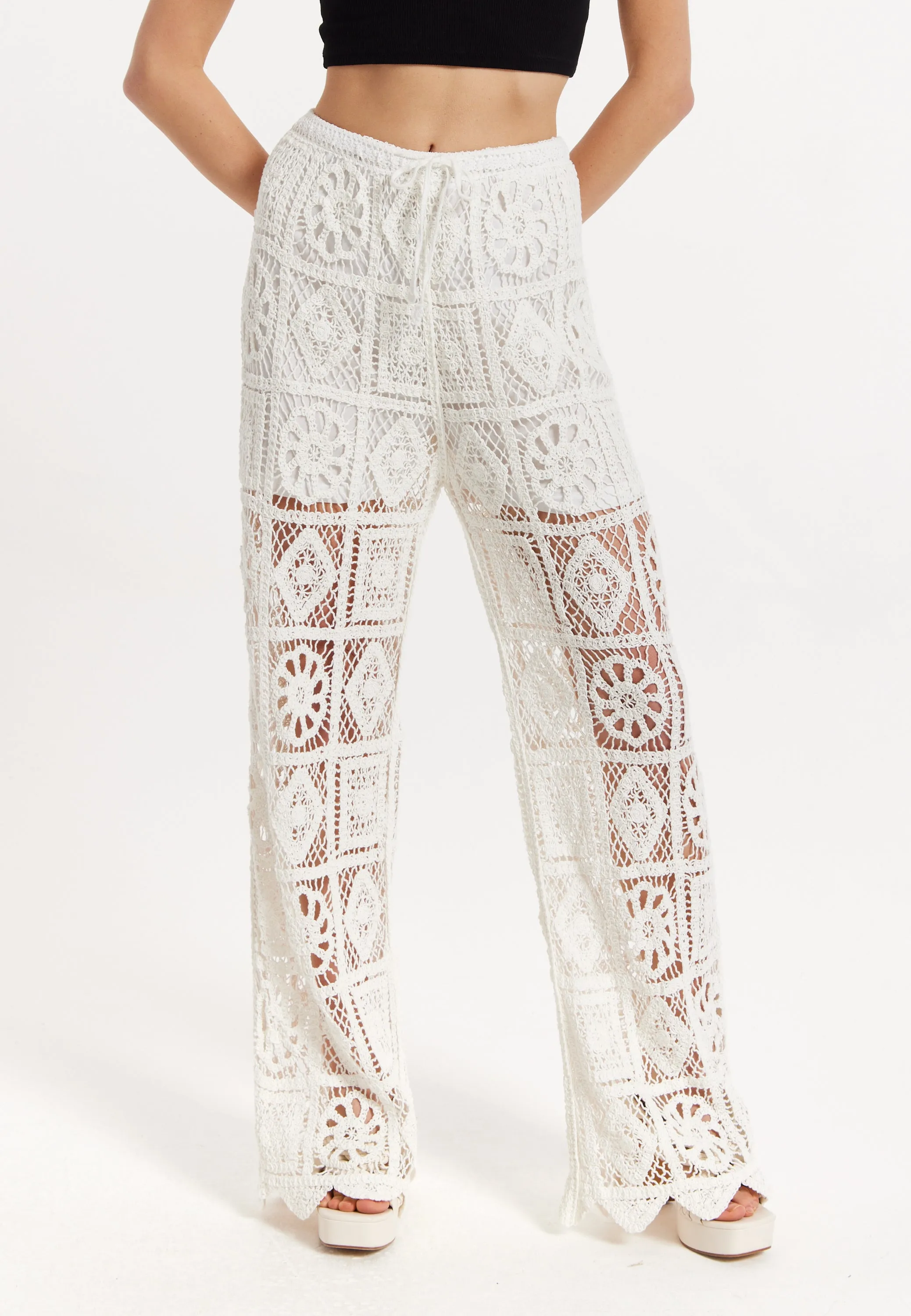 White Crochet Wide Leg Trousers by Liquorish sold by Goddiva product image thumbnail 2