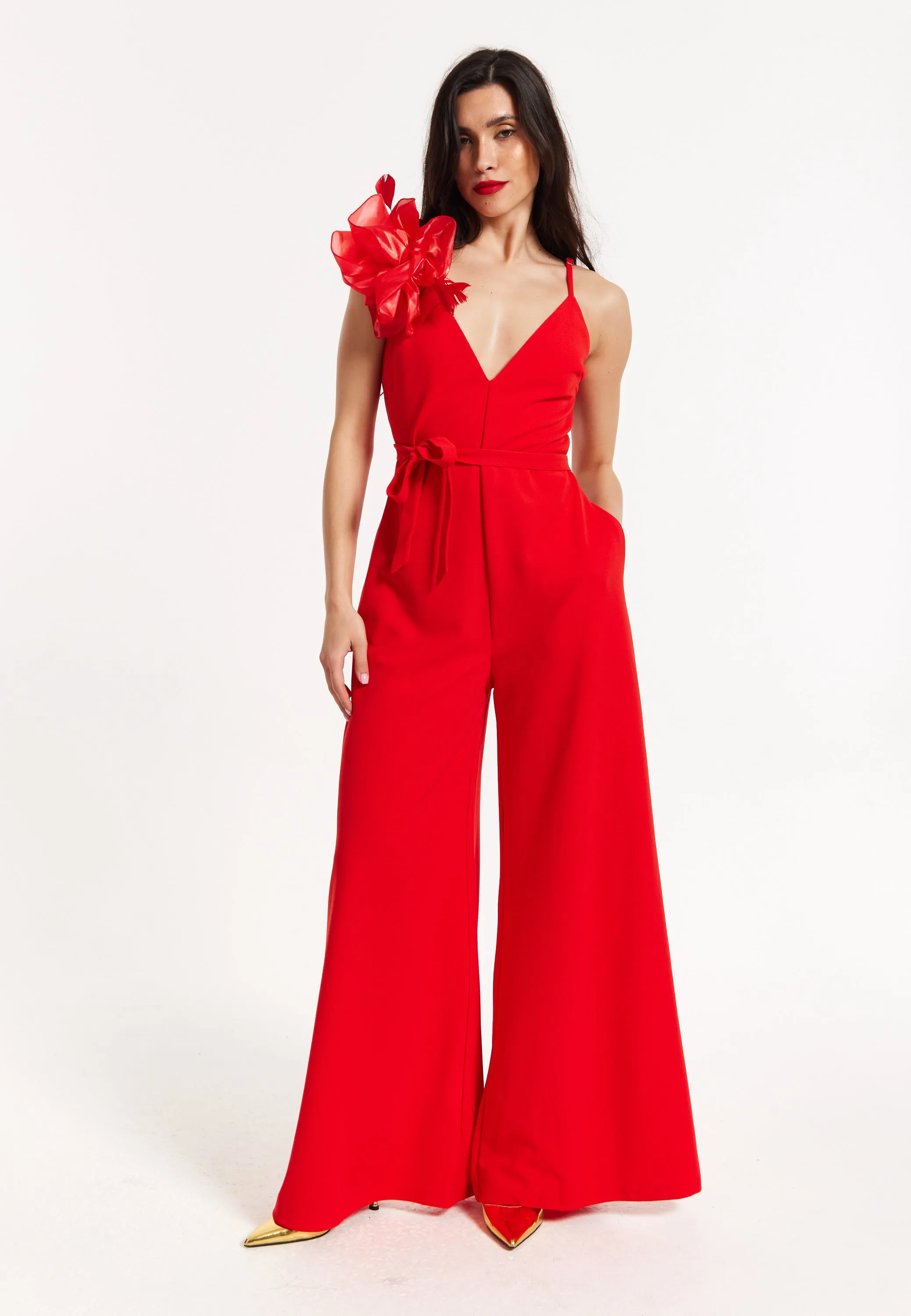 Red Floral Shoulder Wide-Leg Jumpsuit by Liquorish sold by Goddiva product image thumbnail 2