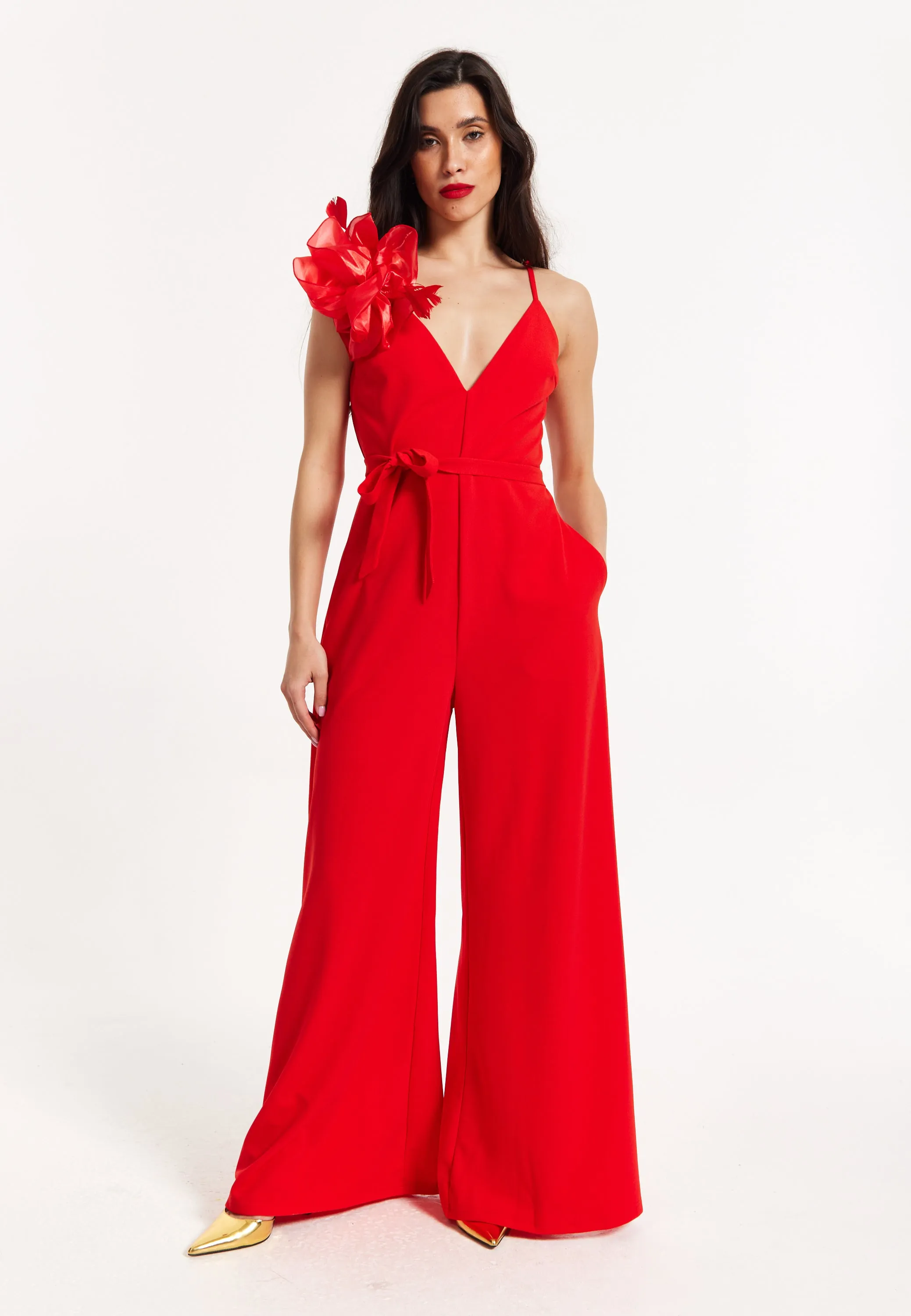 Red Floral Shoulder Wide-Leg Jumpsuit by Liquorish sold by Goddiva