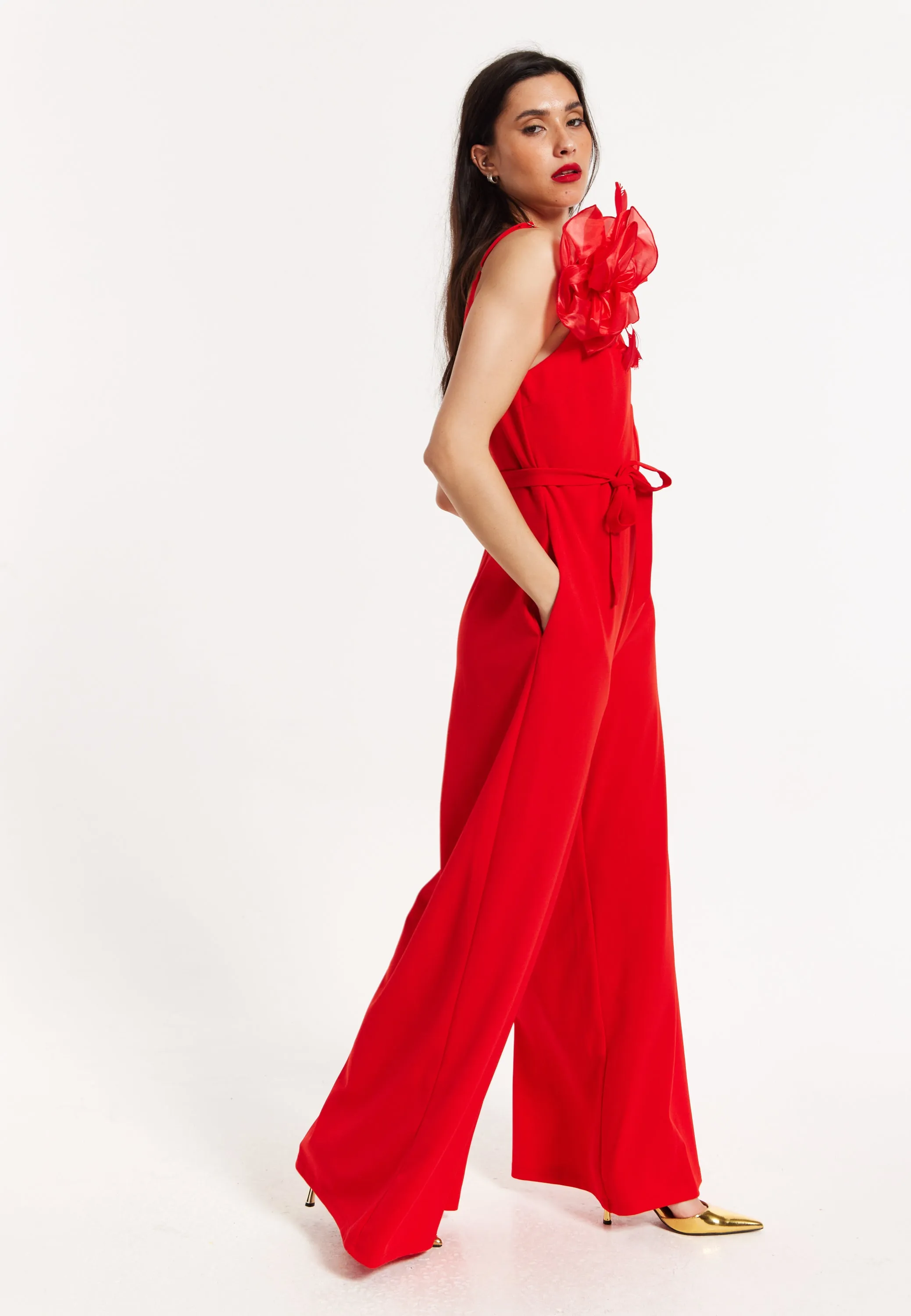 Red Floral Shoulder Wide-Leg Jumpsuit by Liquorish sold by Goddiva product image thumbnail 3