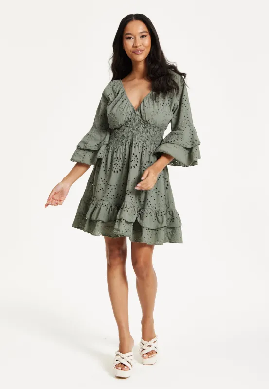 Khaki Ruffle Mini Dress by Liquorish sold by Goddiva