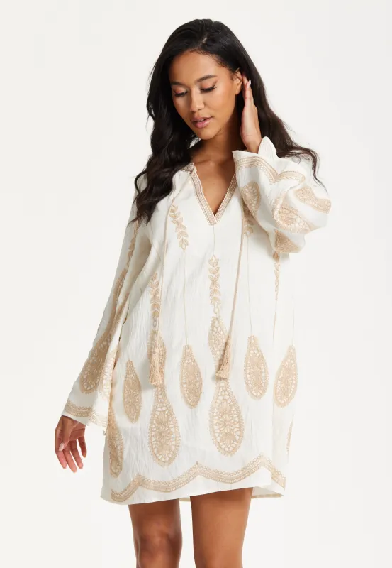 Ivory Embroidered Long Sleeve Dress by Liquorish sold by Goddiva