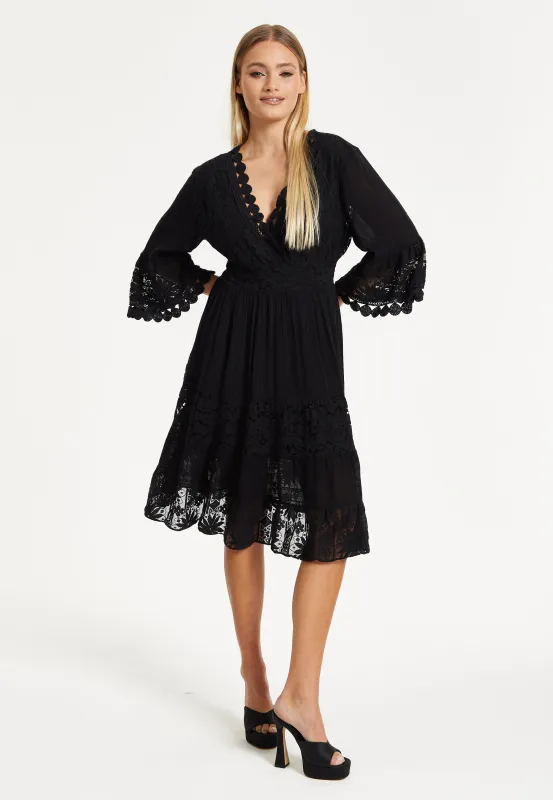 Black Lace Trim Flare Sleeve Dress by Liquorish sold by Goddiva