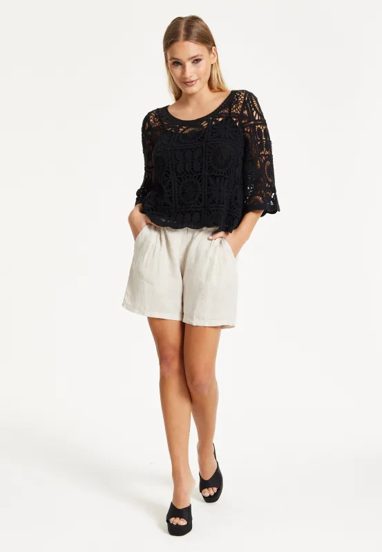 Black Knitted Crochet Lace Top by Liquorish sold by Goddiva