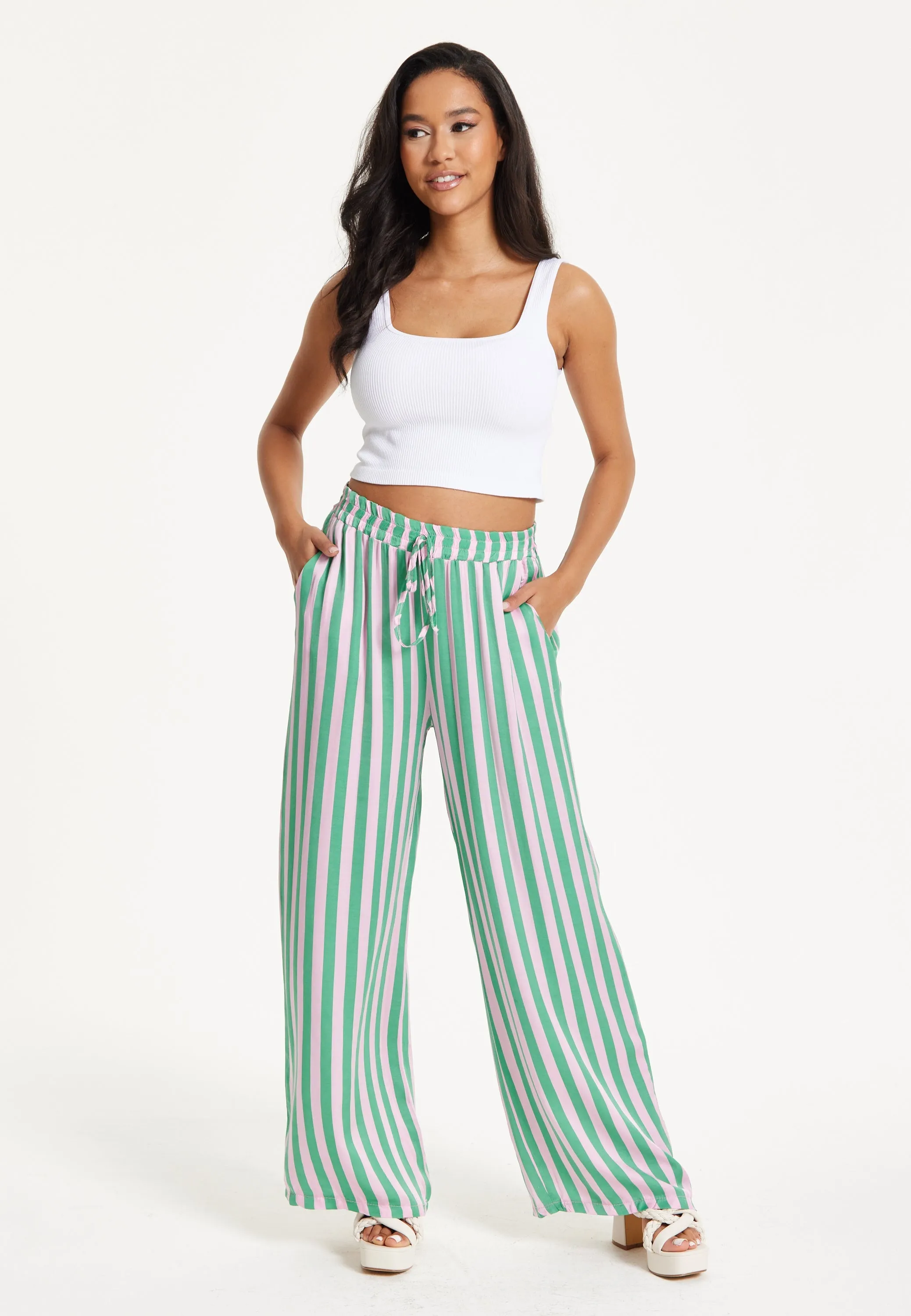 Green And Purple Striped Wide Leg Trousers by Liquorish sold by Goddiva
