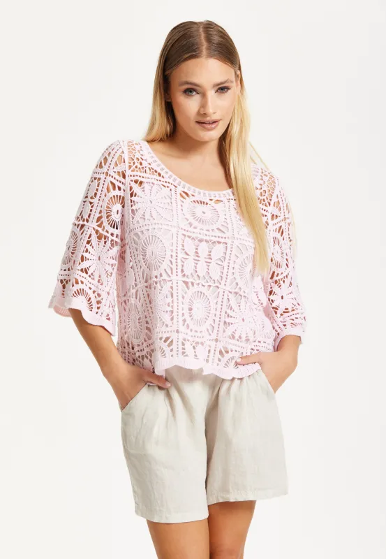Pink Knitted Crochet Lace Top by Liquorish sold by Goddiva