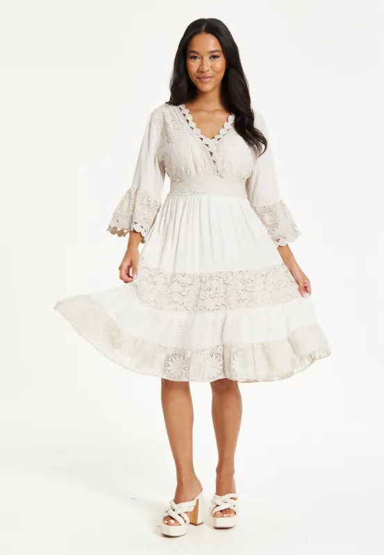 Cream Lace Trim Boho Midi Dress by Liquorish sold by Goddiva