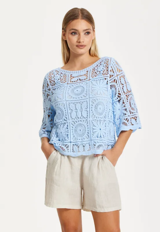 Sky Blue Knitted Crochet Lace Top by Liquorish sold by Goddiva