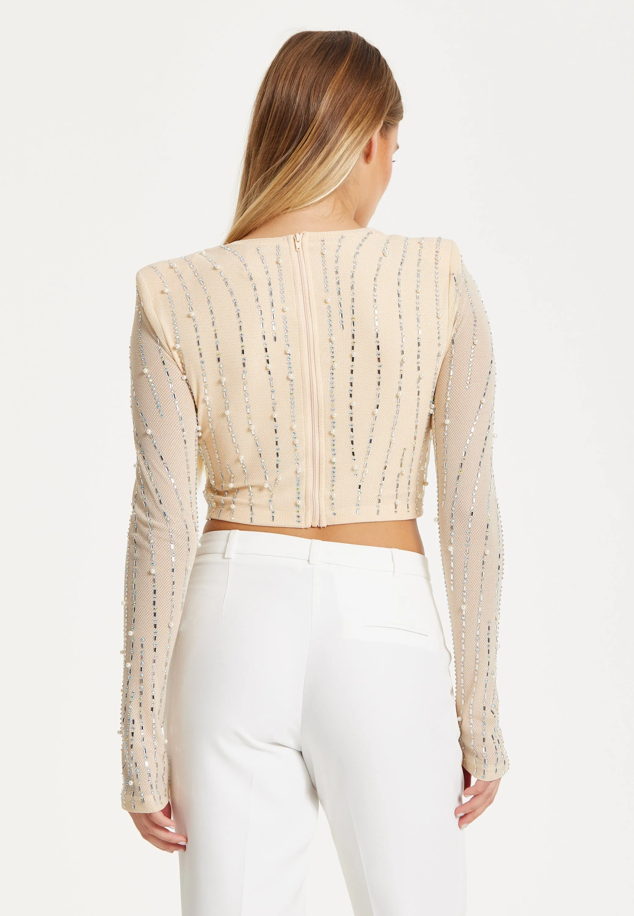 Embellished Nude Long Sleeve Crop Top by Liquorish sold by Goddiva product image thumbnail 5