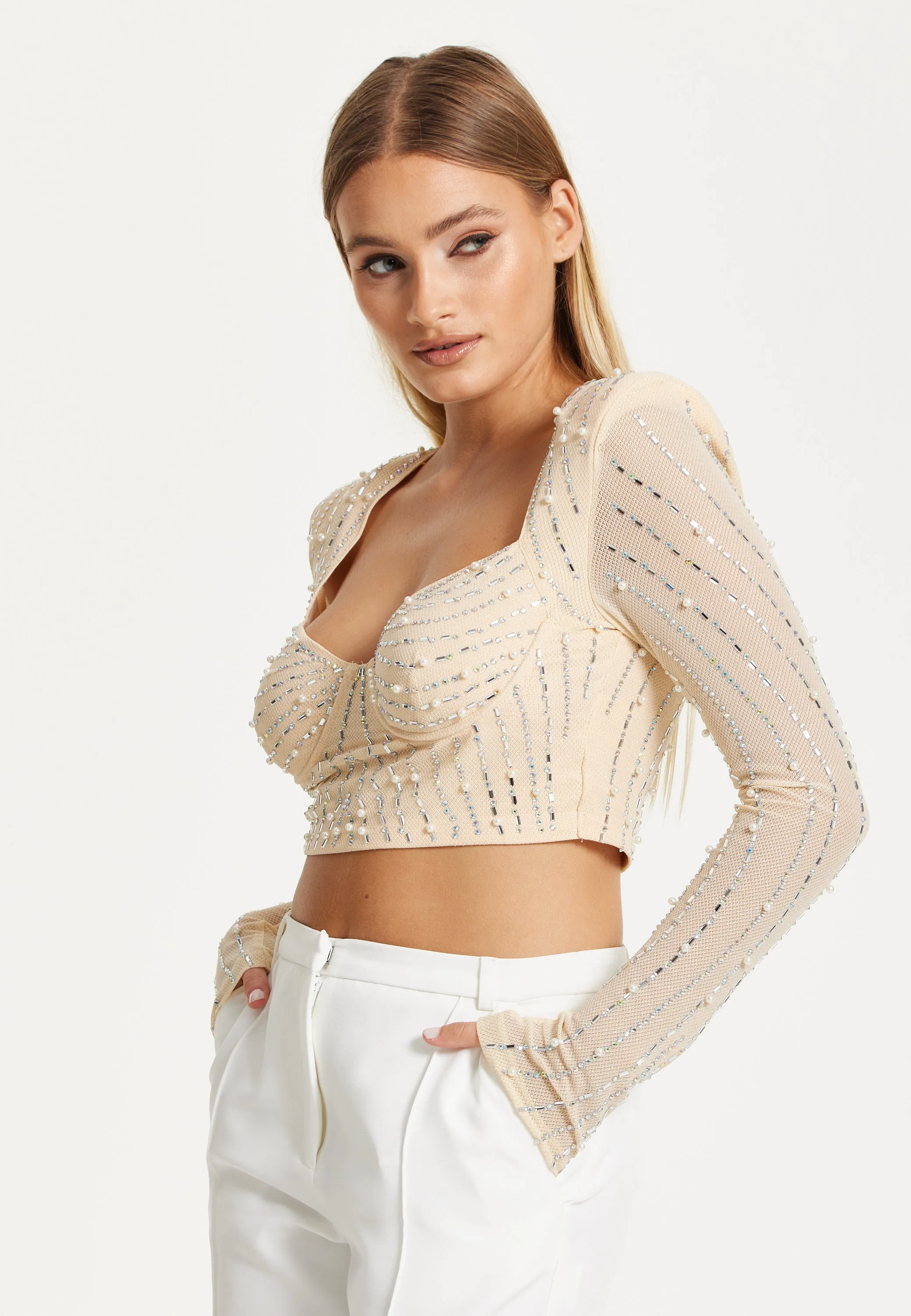 Embellished Nude Long Sleeve Crop Top by Liquorish sold by Goddiva product image thumbnail 3