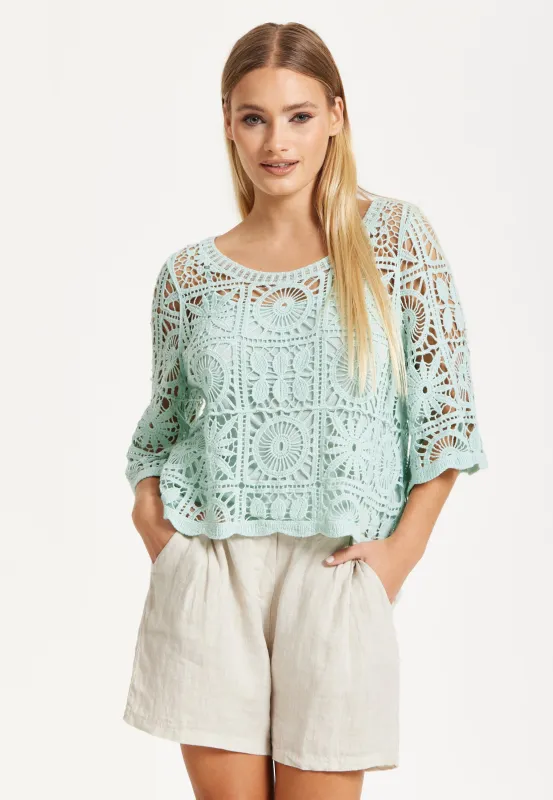 Mint Green Knitted Crochet Lace Top by Liquorish sold by Goddiva