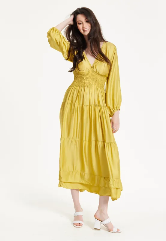 Yellow Smocked Waist Midi Dress by Liquorish sold by Goddiva