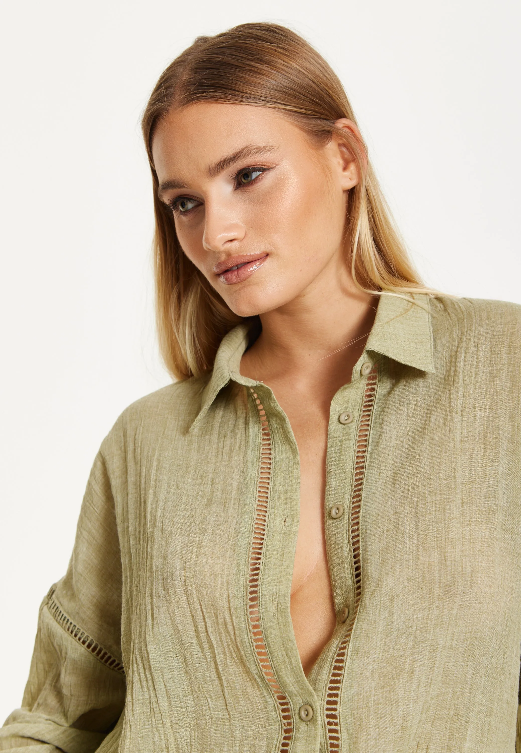 Khaki Sheer Relaxed Fit Shirt by Liquorish sold by Goddiva product image thumbnail 5