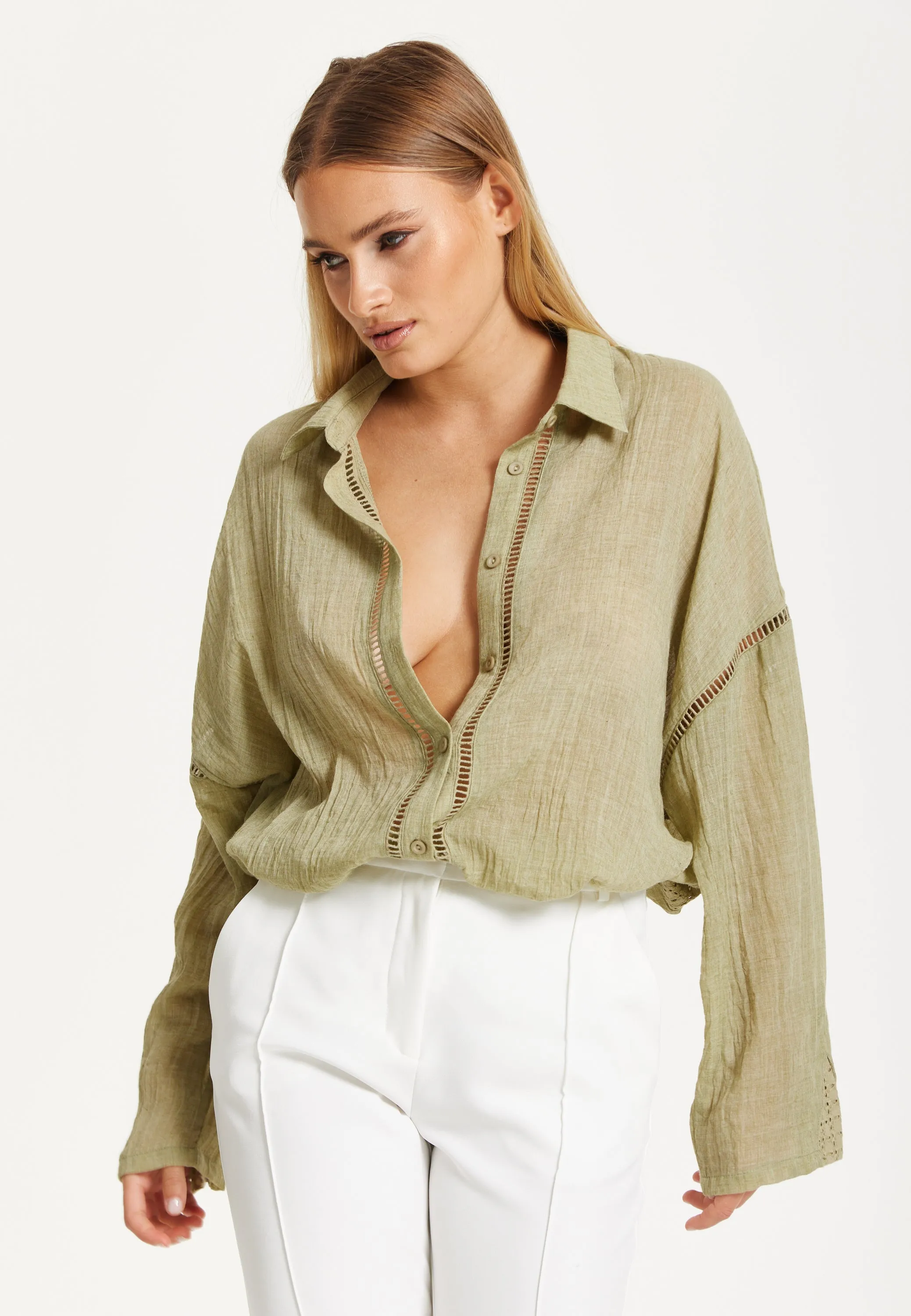Khaki Sheer Relaxed Fit Shirt by Liquorish sold by Goddiva