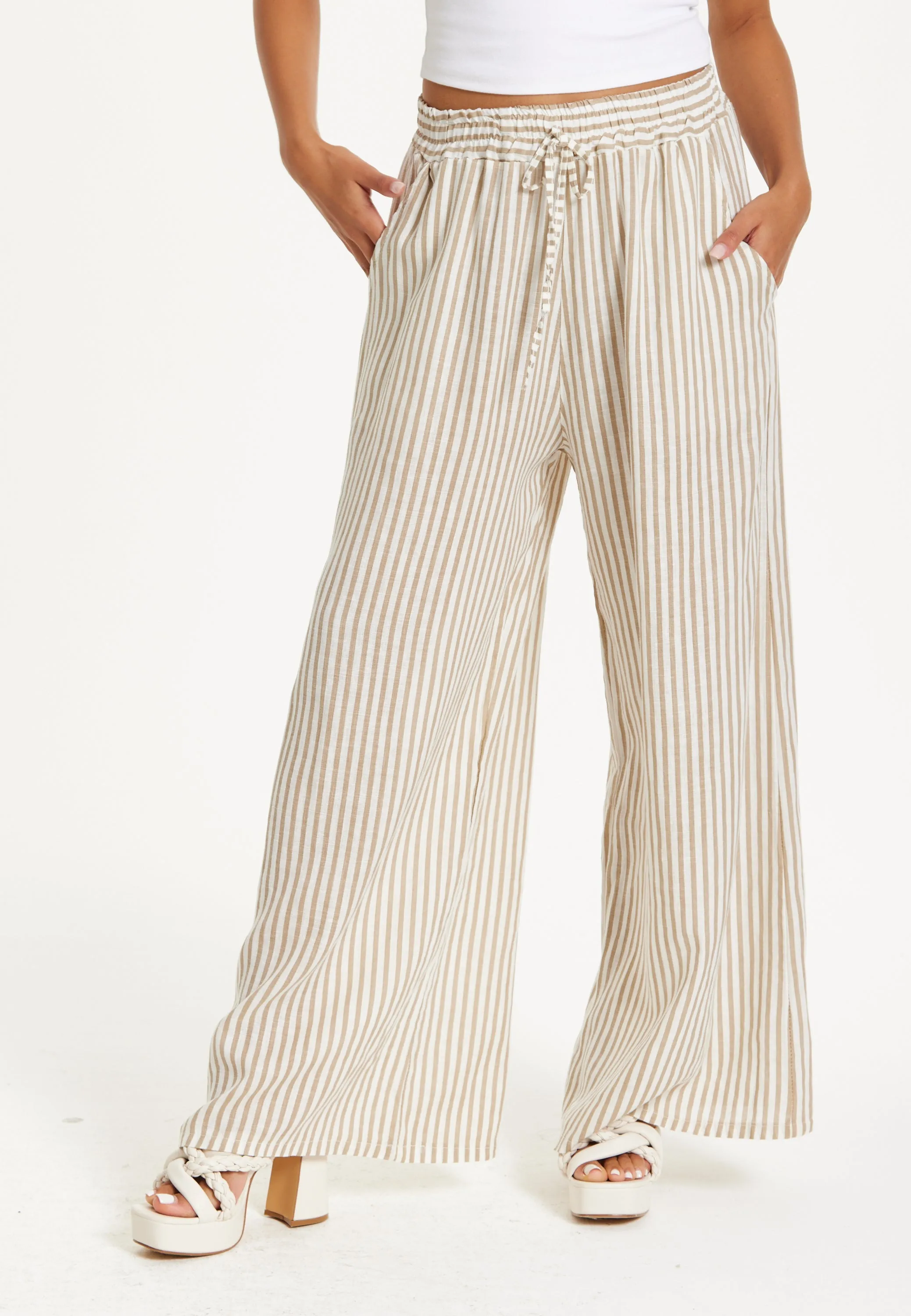 Beige Striped Linen Wide Leg Trousers by Liquorish sold by Goddiva