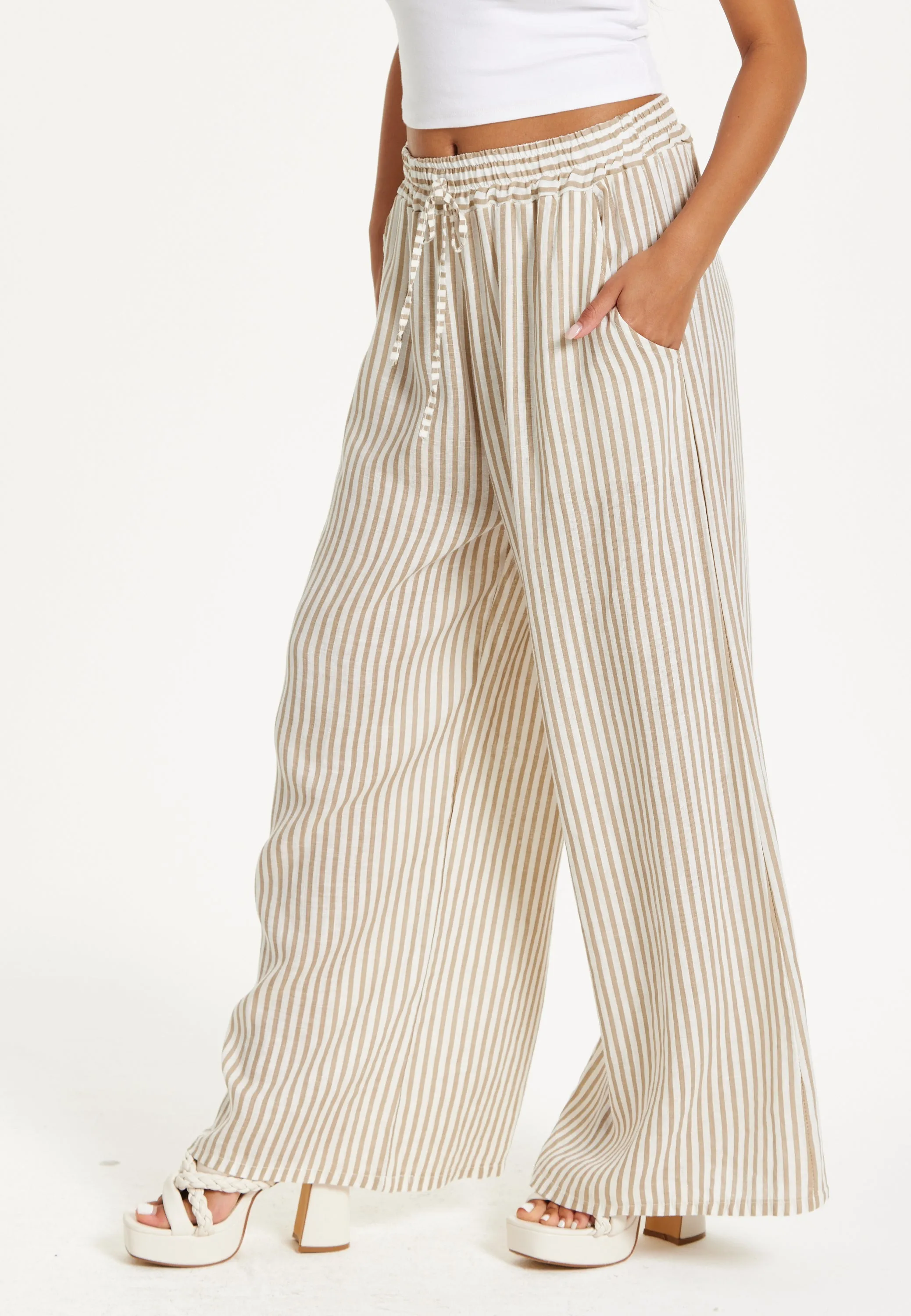 Beige Striped Linen Wide Leg Trousers by Liquorish sold by Goddiva product image thumbnail 2