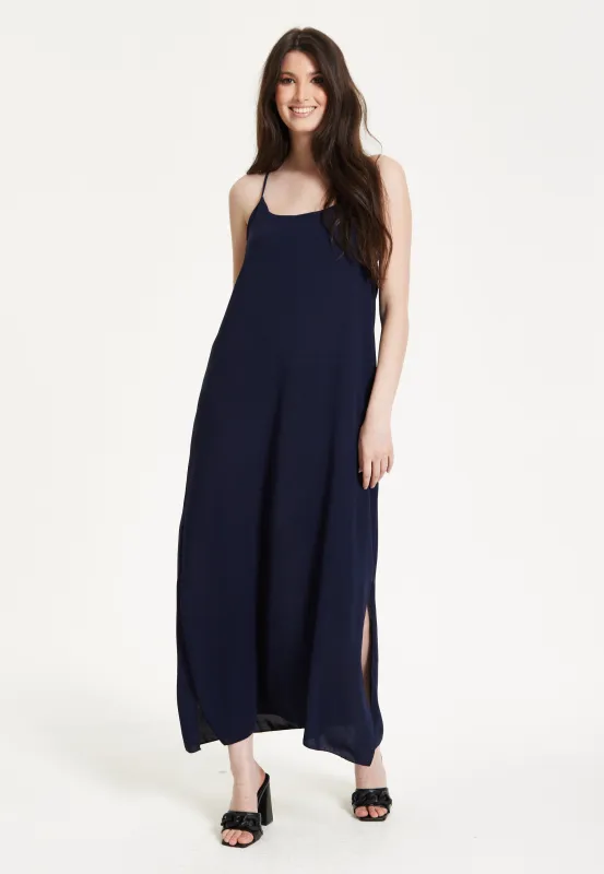 Navy Strappy Split Maxi Dress by Liquorish sold by Goddiva