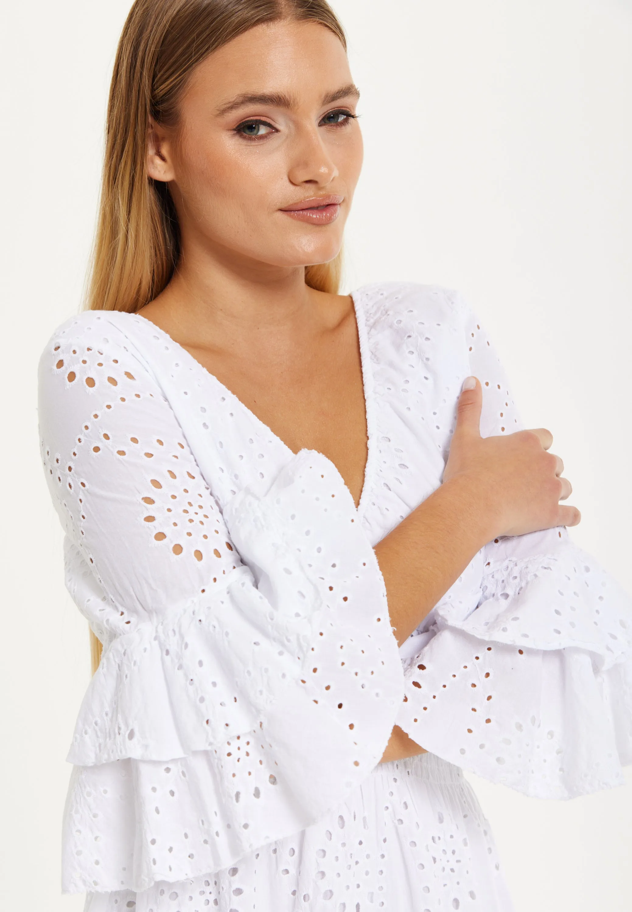 White Broderie Ruffle Mini Dress by Liquorish sold by Goddiva product image thumbnail 5