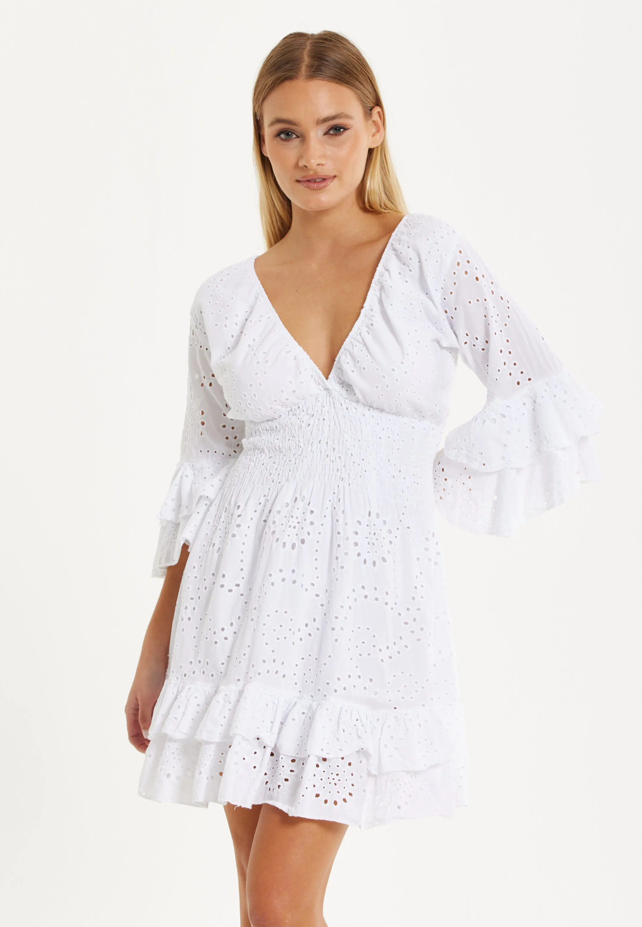 White Broderie Ruffle Mini Dress by Liquorish sold by Goddiva product image thumbnail 2