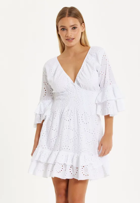 White Broderie Ruffle Mini Dress by Liquorish sold by Goddiva