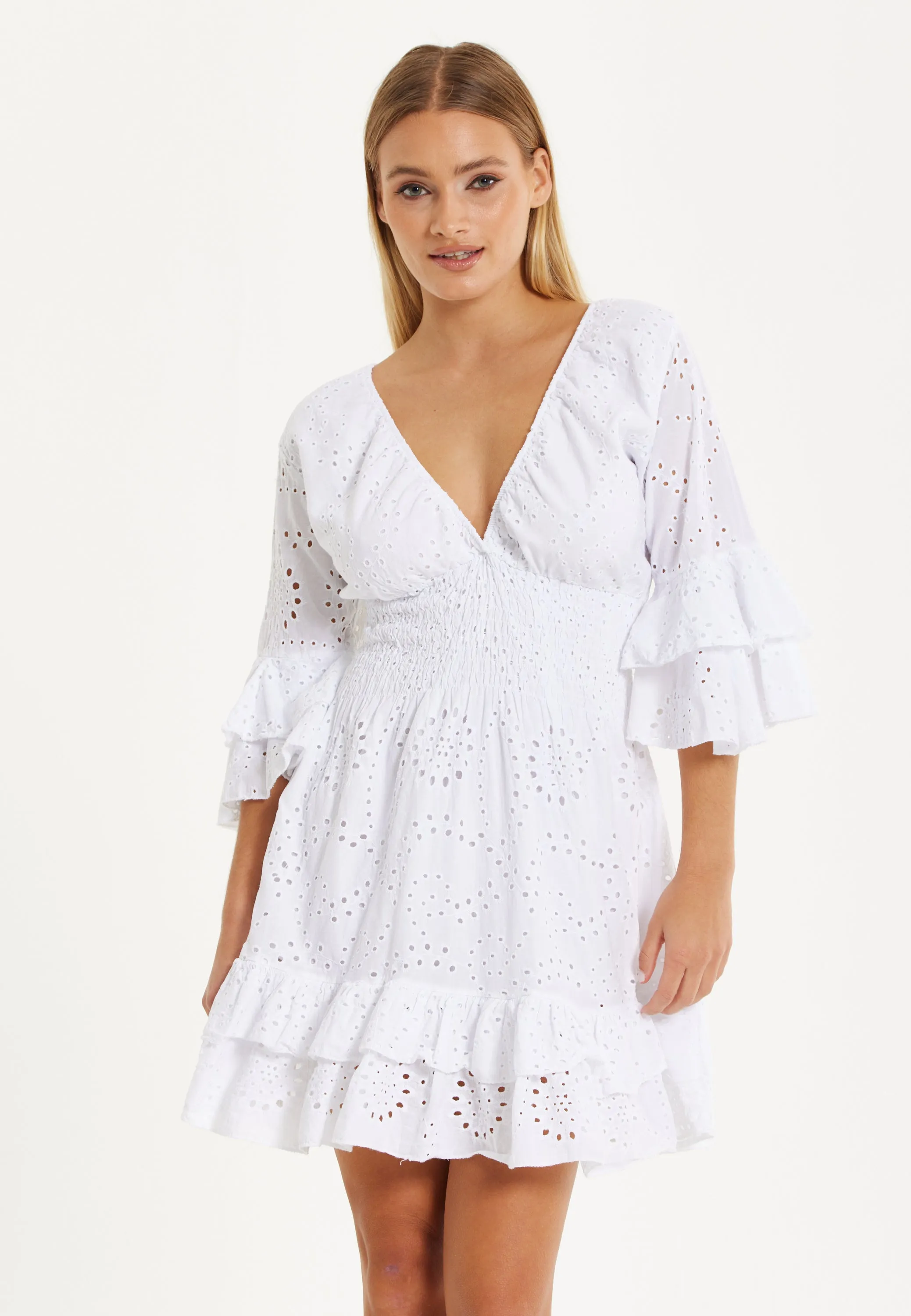 White Broderie Ruffle Mini Dress by Liquorish sold by Goddiva