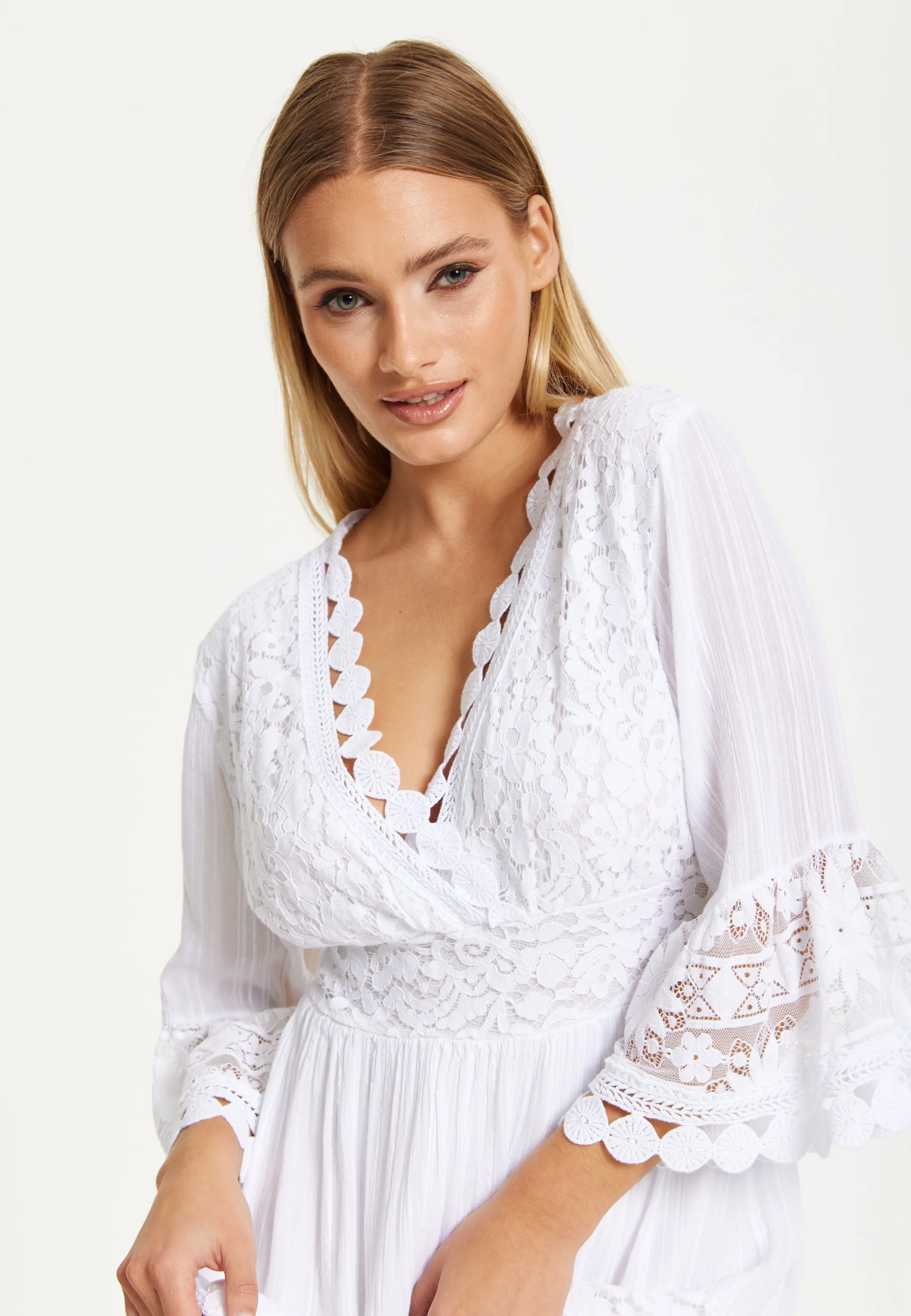 White Lace Flared Sleeve Midi Dress by Liquorish sold by Goddiva product image thumbnail 5