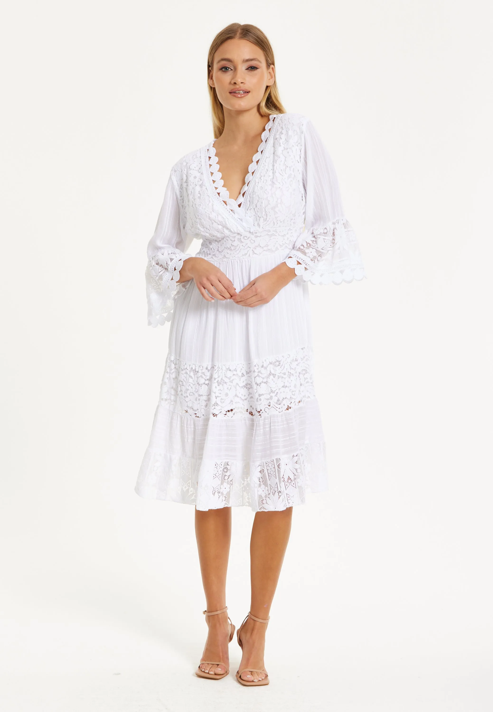 White Lace Flared Sleeve Midi Dress by Liquorish sold by Goddiva product image thumbnail 2