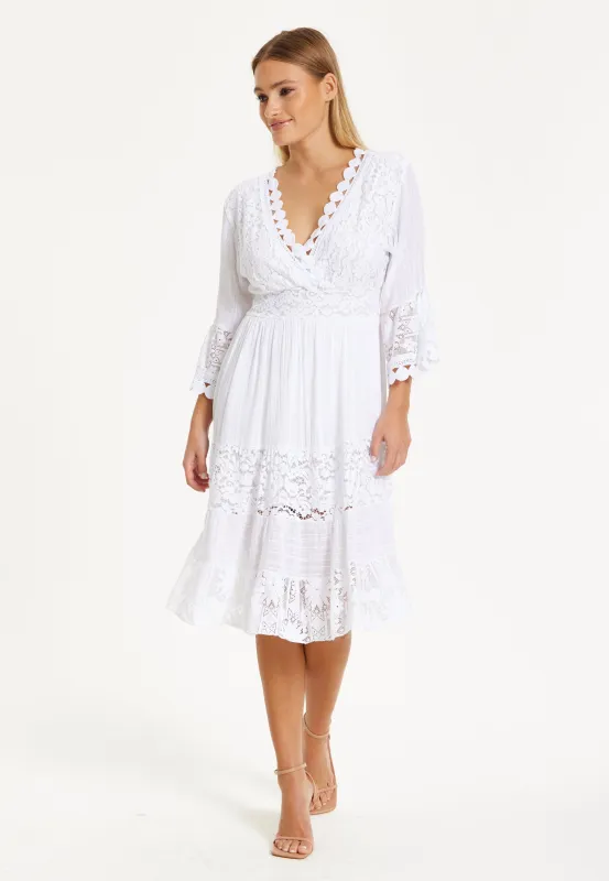 White Lace Flared Sleeve Midi Dress by Liquorish sold by Goddiva