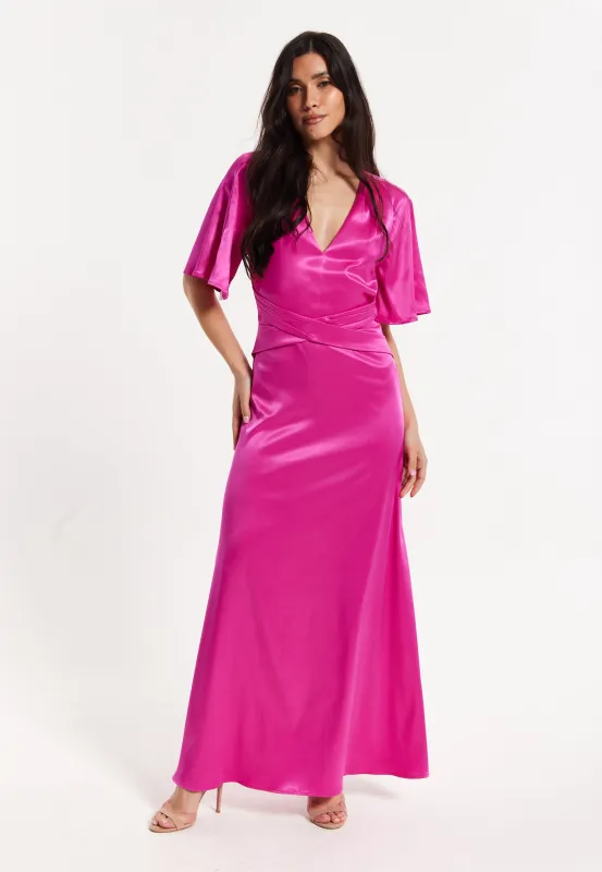 Hot Pink Satin Maxi Wrap Dress With Flutter Sleeves by Liquorish sold by Goddiva