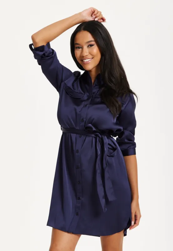 Navy Belted Shirt Mini Dress by Liquorish sold by Goddiva