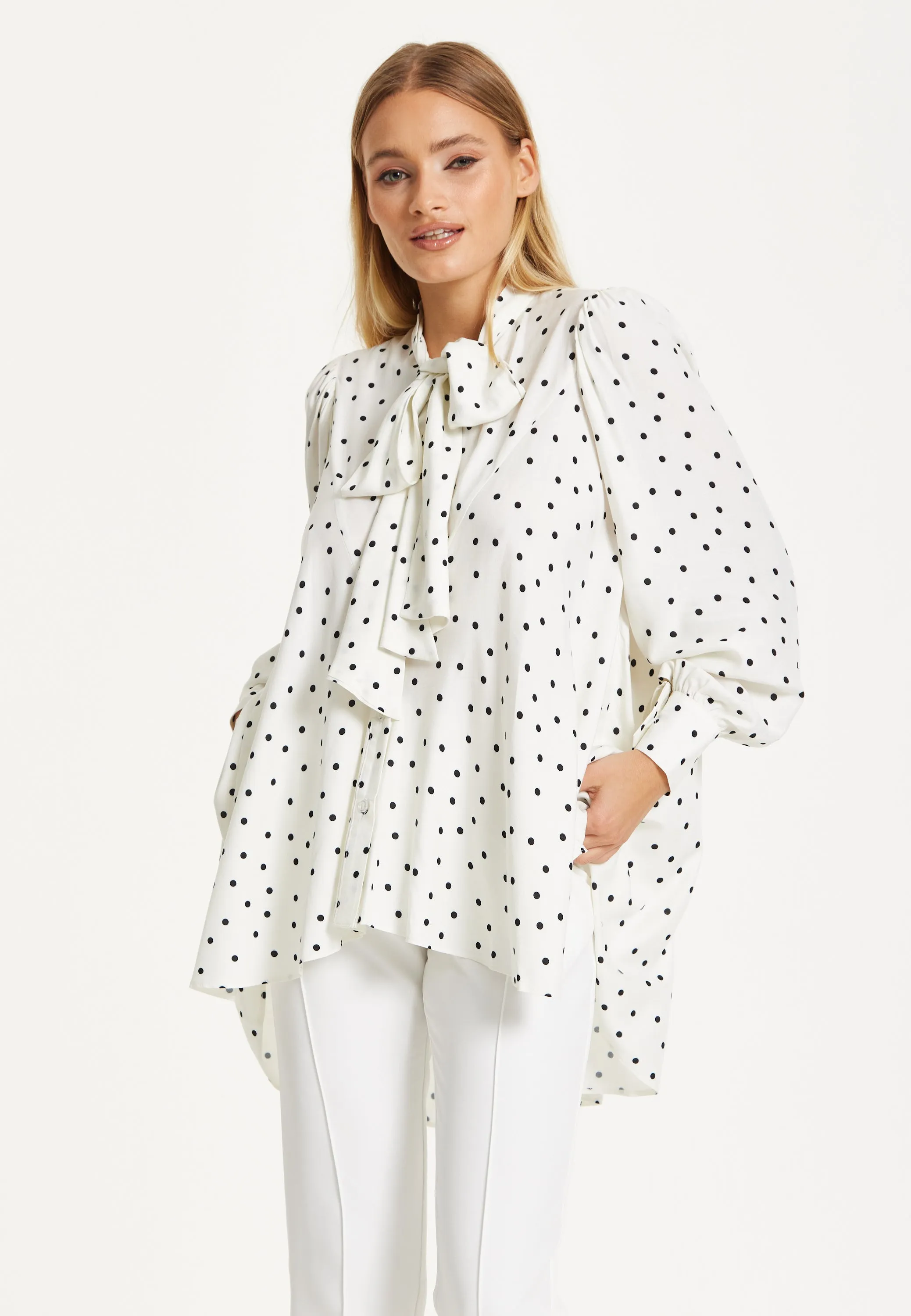 Polka Dot Ruffle High-Low Blouse by Liquorish sold by Goddiva