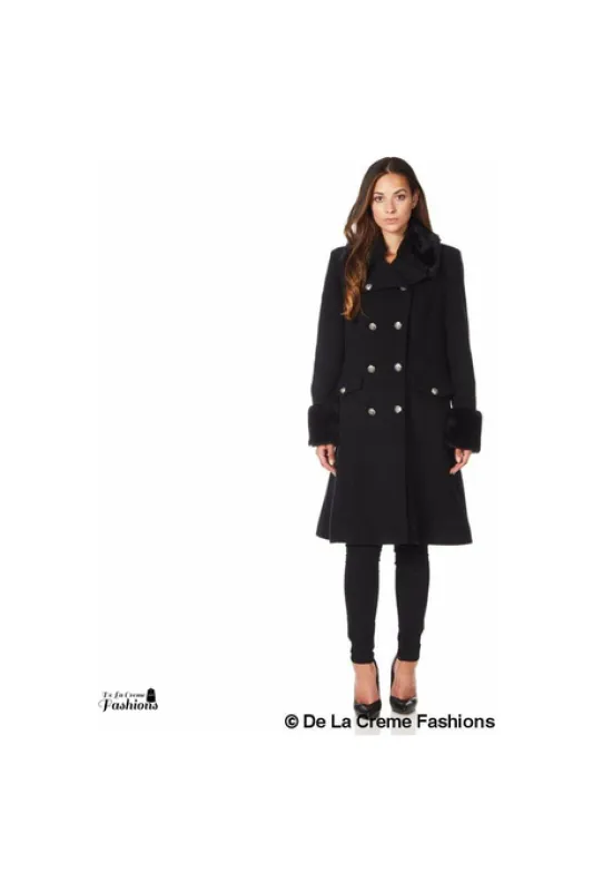 De La Creme Fashions Wool Blend Faux Fur Trim Midi Coat sold by Goddiva