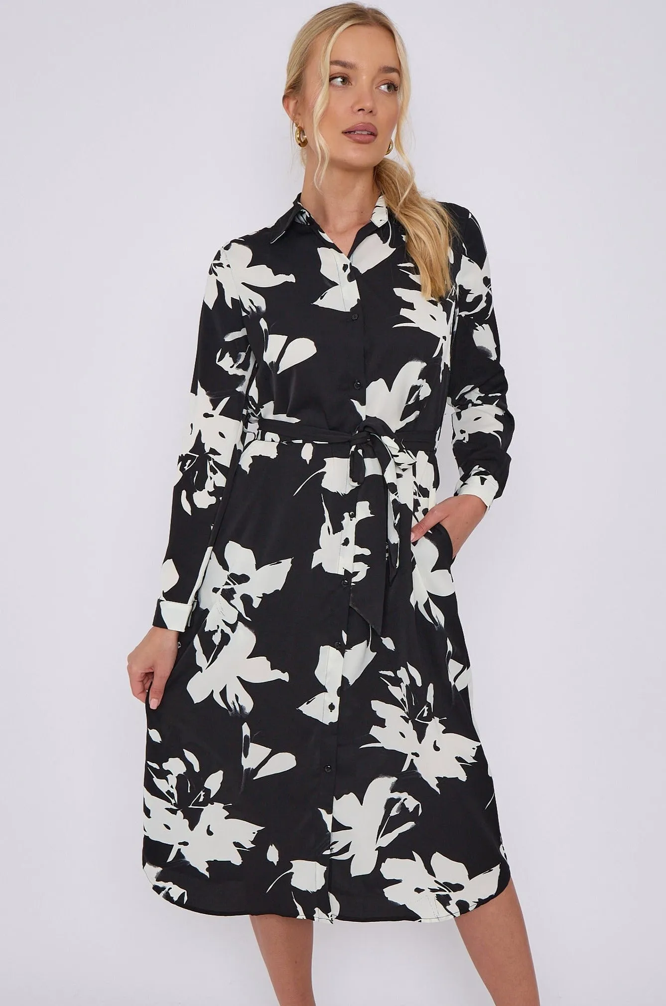 LOVE SUNSHINE Mono Floral Print Midi Shirt Dress sold by Goddiva