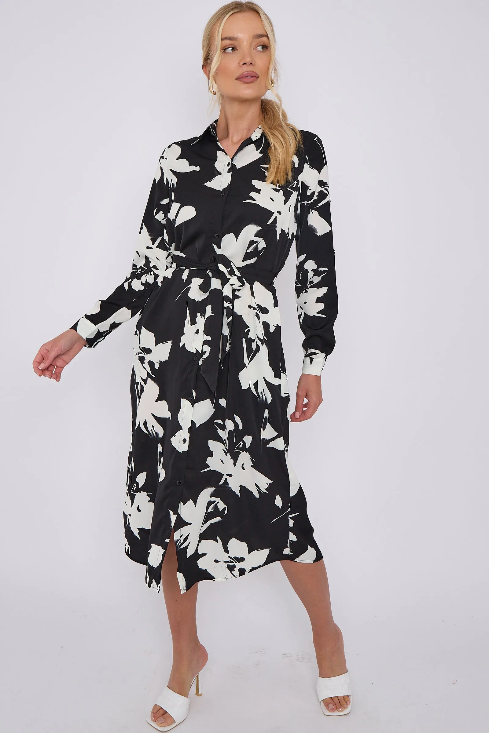 LOVE SUNSHINE Mono Floral Print Midi Shirt Dress sold by Goddiva product image thumbnail 5