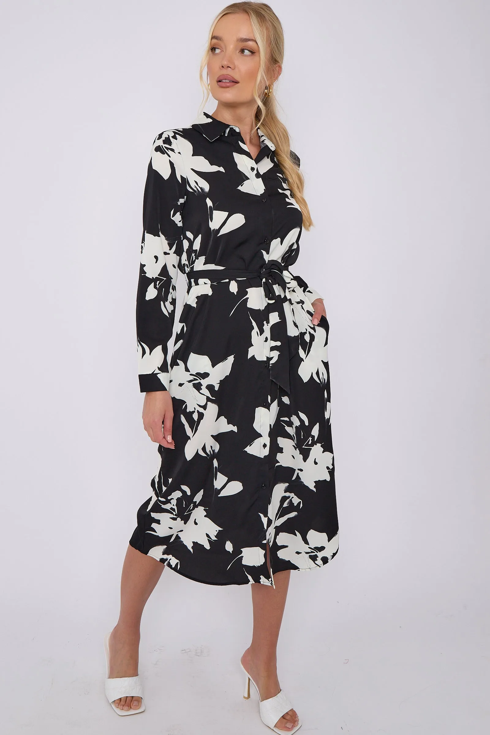 LOVE SUNSHINE Mono Floral Print Midi Shirt Dress sold by Goddiva product image thumbnail 4
