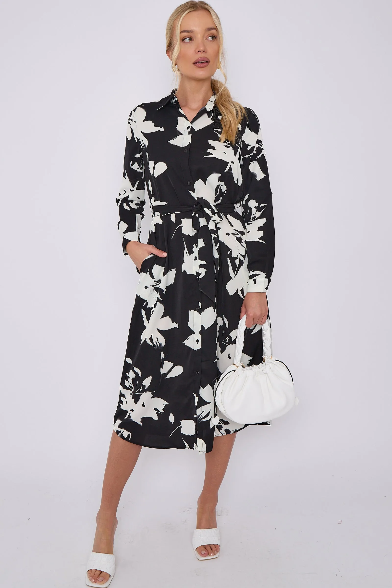 LOVE SUNSHINE Mono Floral Print Midi Shirt Dress sold by Goddiva product image thumbnail 2