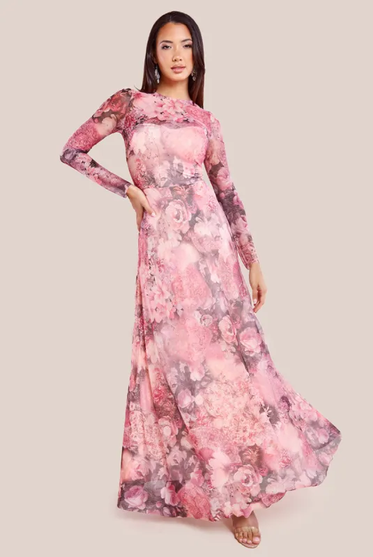 Printed Soft Mesh A-Line Maxi Dress - Blush by Goddiva sold by Goddiva