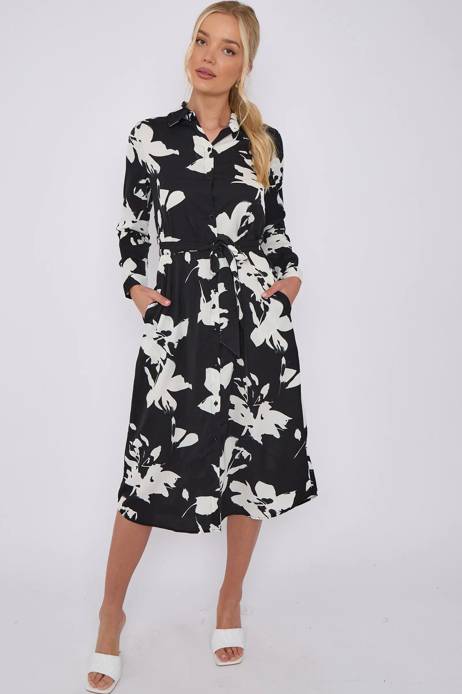 LOVE SUNSHINE Mono Floral Print Midi Shirt Dress sold by Goddiva product image thumbnail 3