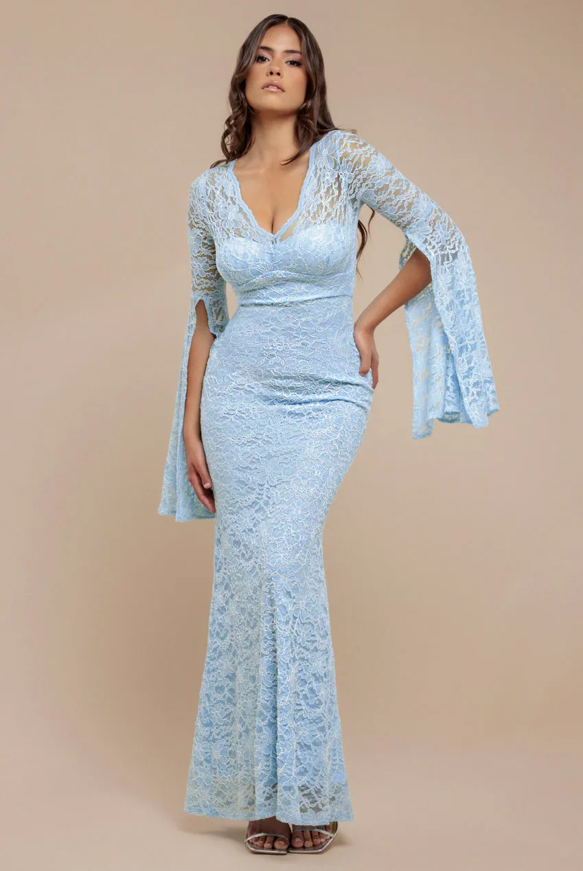 Cape Sleeve Lace Mermaid Hem Maxi Dress - Sky Blue by Goddiva sold by Goddiva