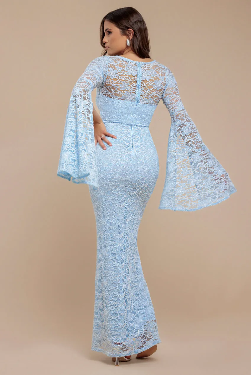 Cape Sleeve Lace Mermaid Hem Maxi Dress - Sky Blue by Goddiva sold by Goddiva product image thumbnail 2