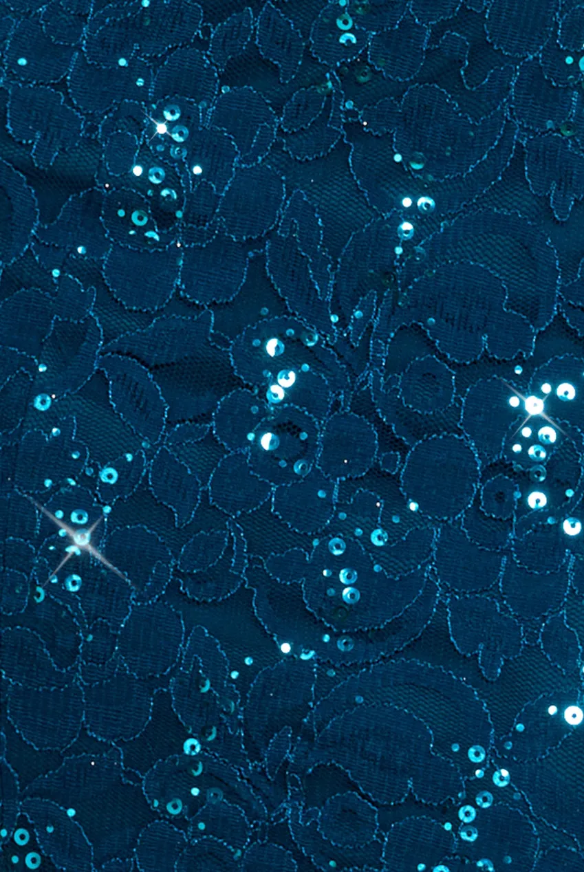 Sequin Lace Puff Sleeve Fit & Flare Midi Dress - Teal Blue by Goddiva sold by Goddiva product image thumbnail 4