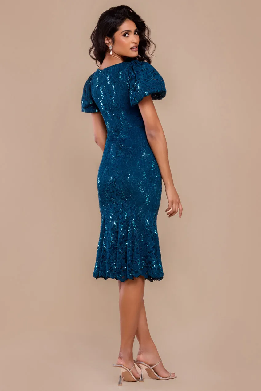 Sequin Lace Puff Sleeve Fit & Flare Midi Dress - Teal Blue by Goddiva sold by Goddiva product image thumbnail 2