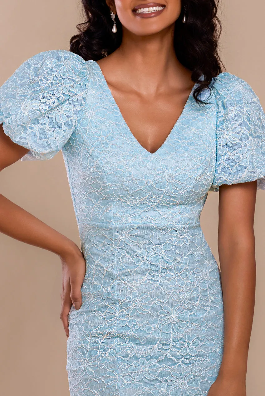 Scallop Lace Puff Sleeve Fit & Flare Midi Dress - Sky Blue by Goddiva sold by Goddiva product image thumbnail 3